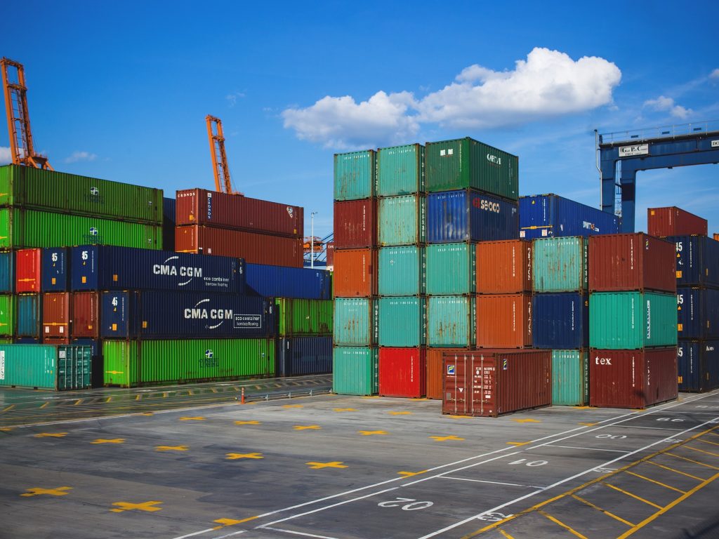 Containers staged at a terminal prior to inland transportation